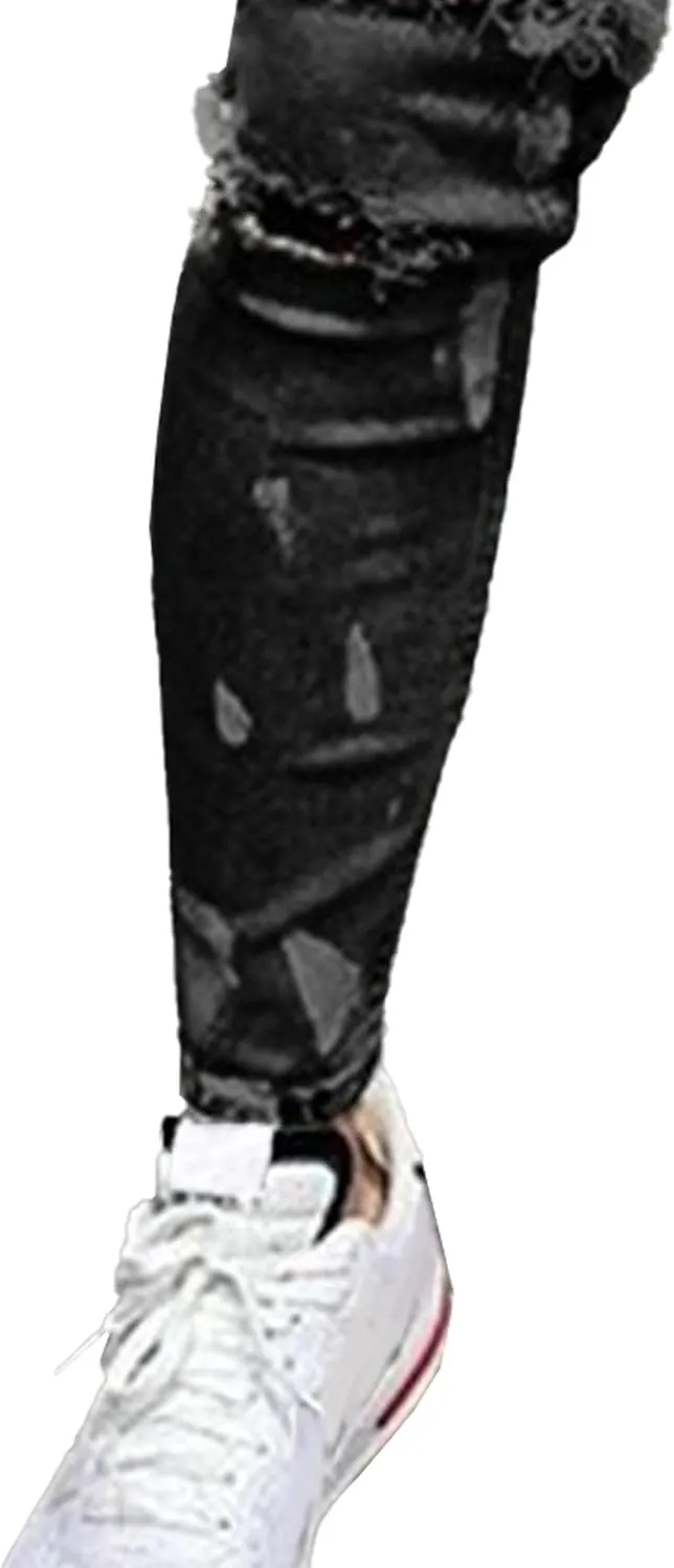 Men's Stretchy Ripped Jeans Distressed Patchwork Denim Pants Straight Leg Comfortable