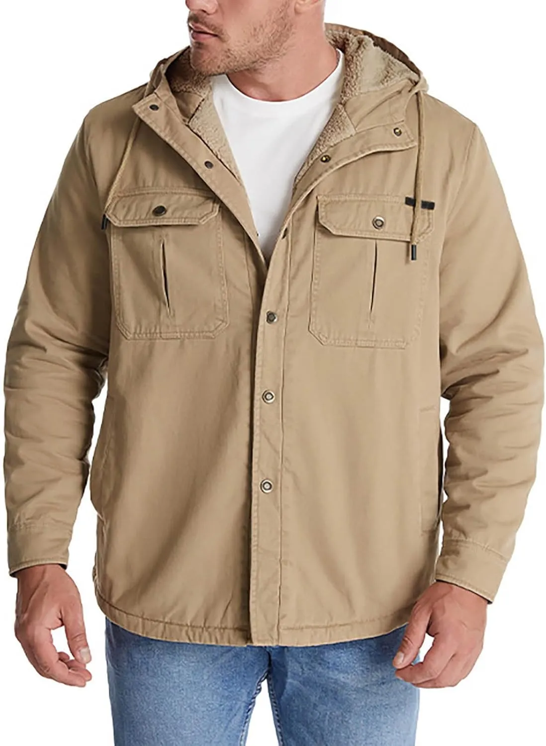 Men's Thicken Fleece Hoodies with Pockets Sherpa Lined Military Tactical Warm Winter Jacket Outdoor Utility Work Coat