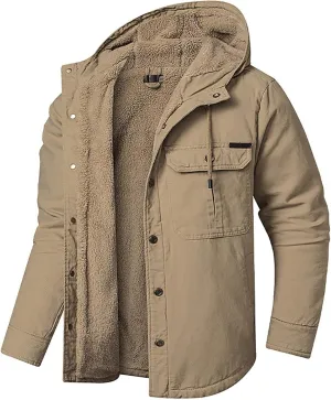 Men's Thicken Fleece Hoodies with Pockets Sherpa Lined Military Tactical Warm Winter Jacket Outdoor Utility Work Coat