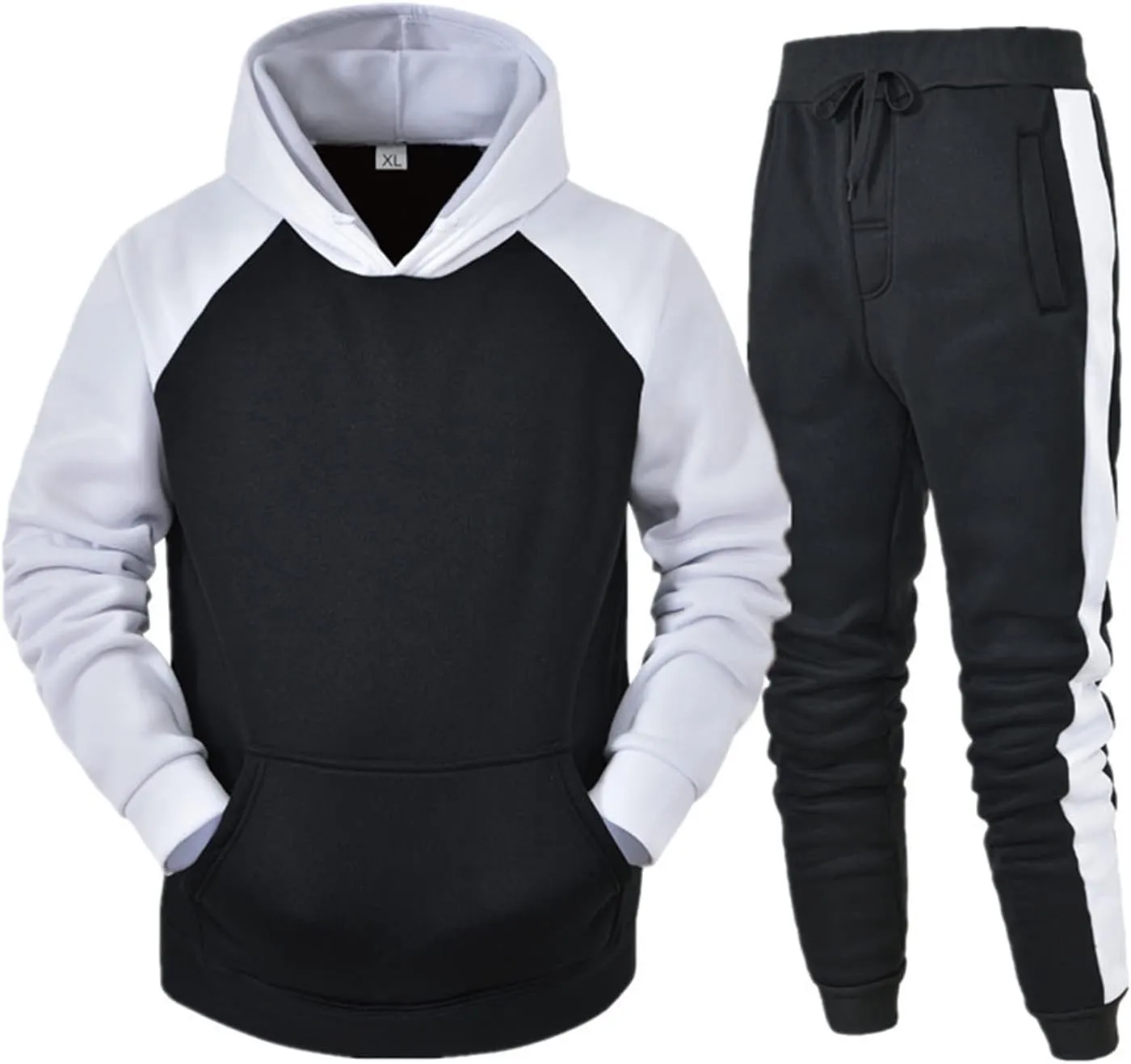 Mens Tracksuit 2 Piece Hoodie Splicing Zipper Sweater Pants Sports Suit Color Block Hoodies and Sweatpants Set