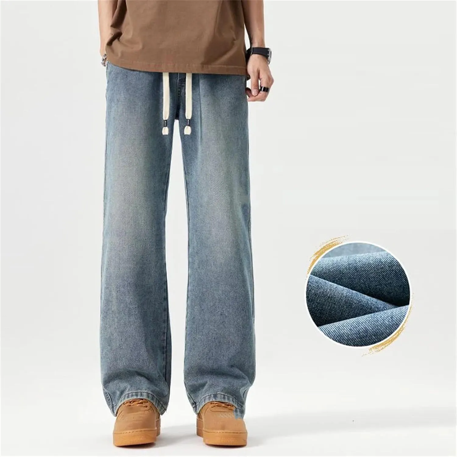 Men's Vintage Blue Loose Straight Wide Leg Jeans Casual Outdoor Drawstring Baggy Jeans