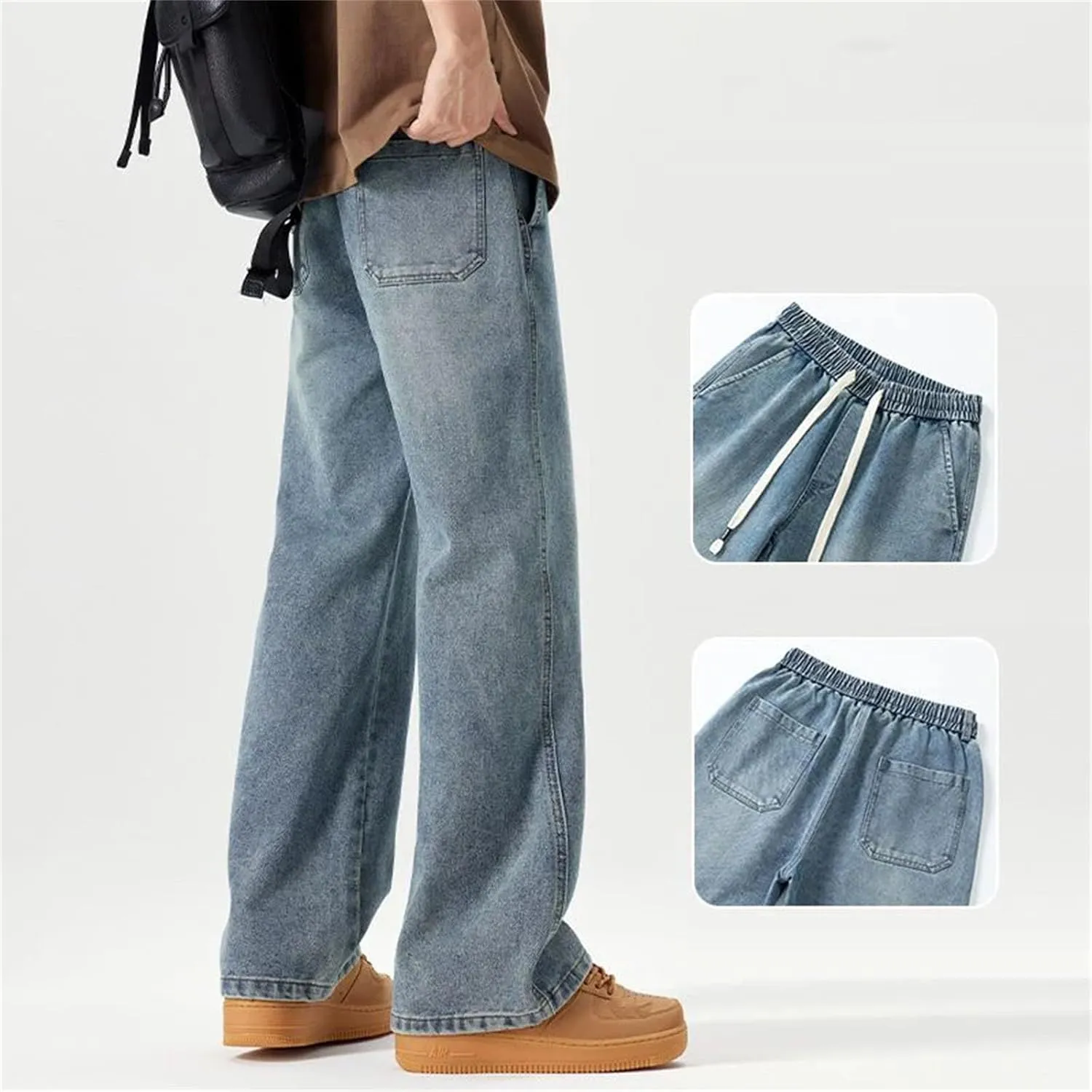 Men's Vintage Blue Loose Straight Wide Leg Jeans Casual Outdoor Drawstring Baggy Jeans