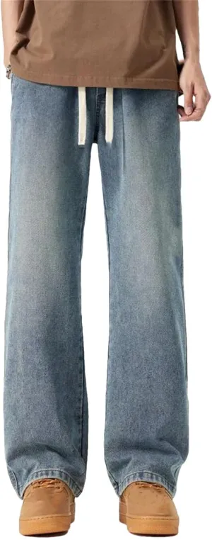 Men's Vintage Blue Loose Straight Wide Leg Jeans Casual Outdoor Drawstring Baggy Jeans