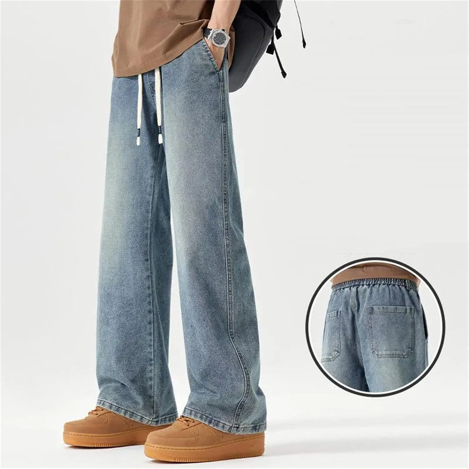 Men's Vintage Blue Loose Straight Wide Leg Jeans Casual Outdoor Drawstring Baggy Jeans