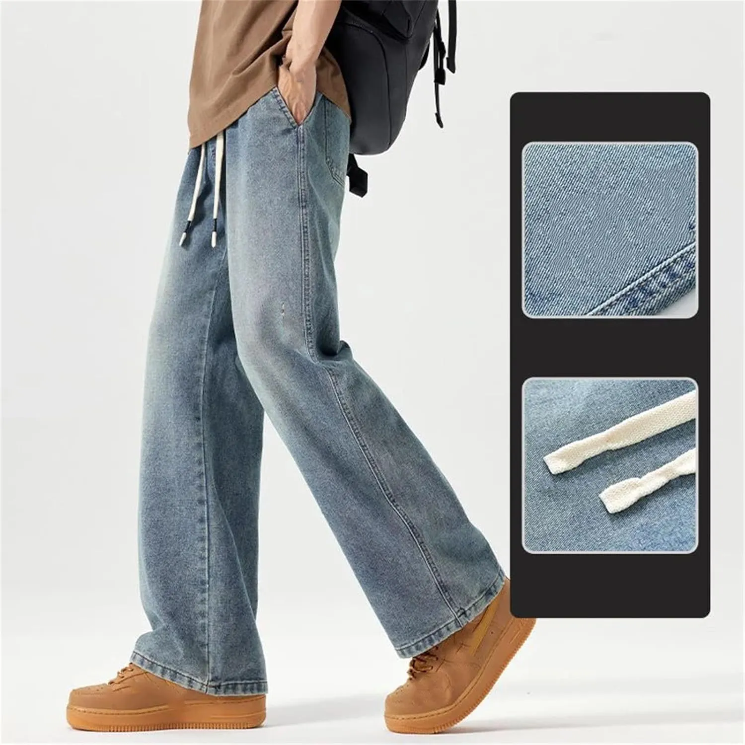 Men's Vintage Blue Loose Straight Wide Leg Jeans Casual Outdoor Drawstring Baggy Jeans