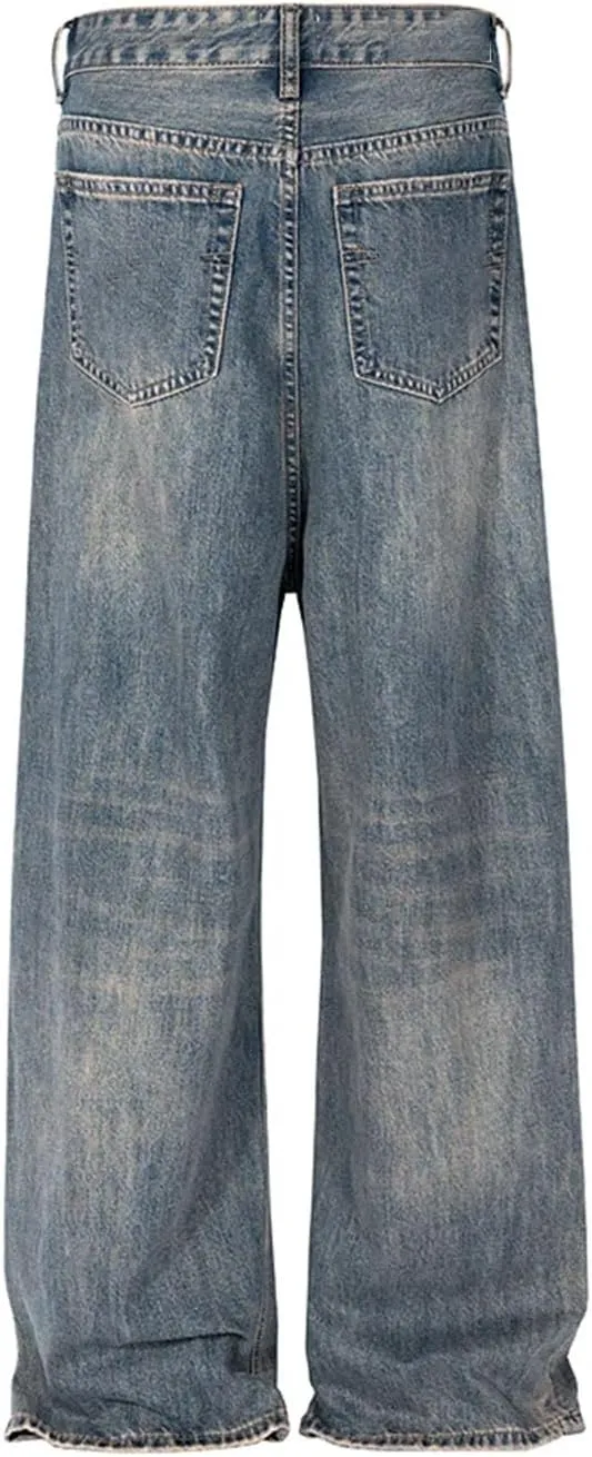 Men's Washed Blue Baggy Jeans Straight Ropa Hombre Wide Leg Casual Denim with Pockets