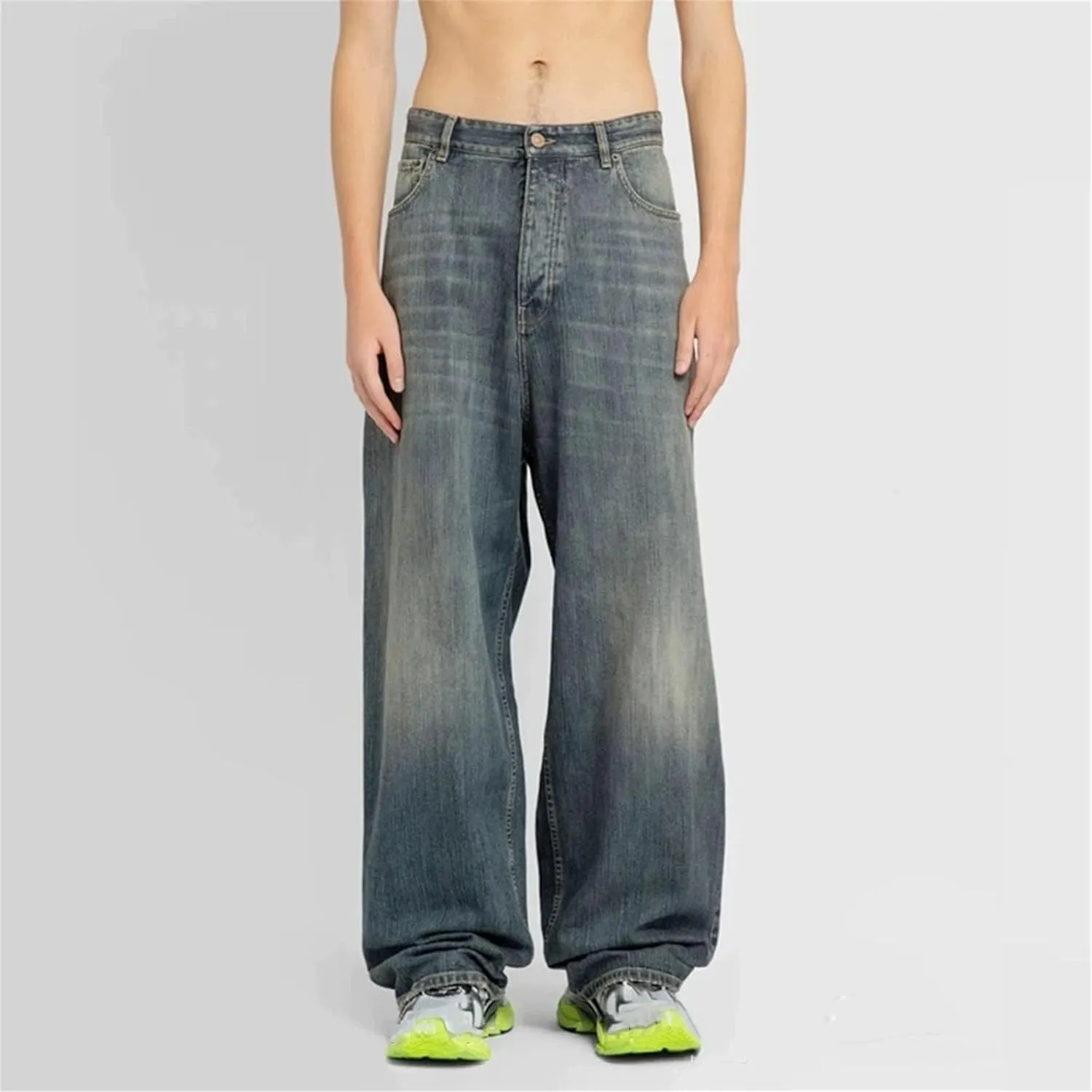 Men's Washed Blue Baggy Jeans Straight Ropa Hombre Wide Leg Casual Denim with Pockets