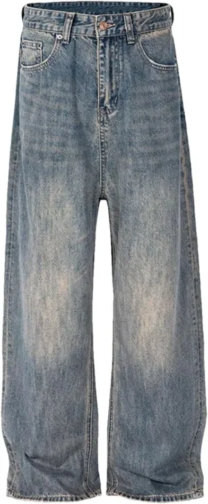 Men's Washed Blue Baggy Jeans Straight Ropa Hombre Wide Leg Casual Denim with Pockets