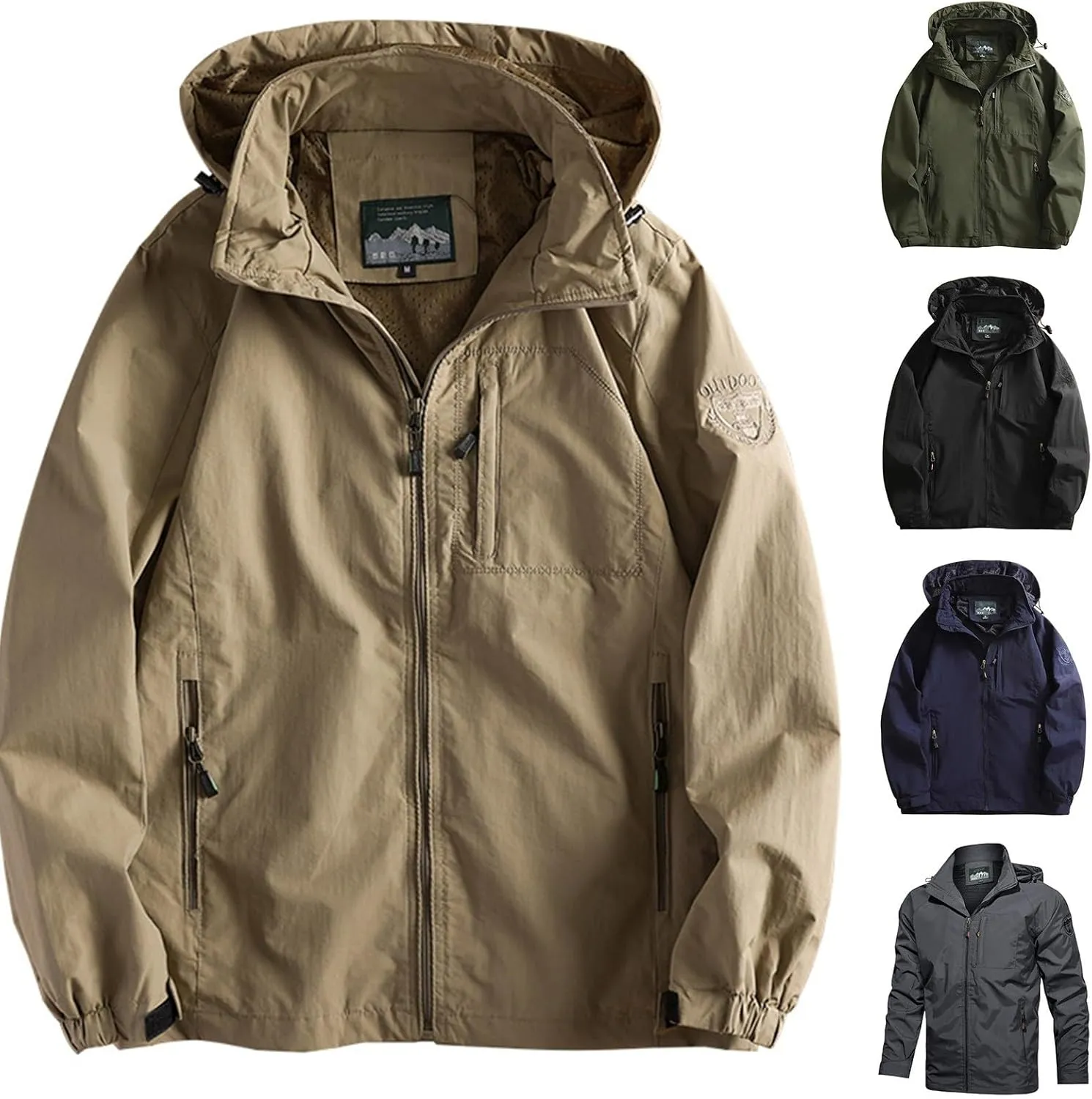 Mens Winter Jacket Zip Front Lightweight Hooded Jackets Windbreaker Military Tactical Jacket Pockets Cotton Work Coat