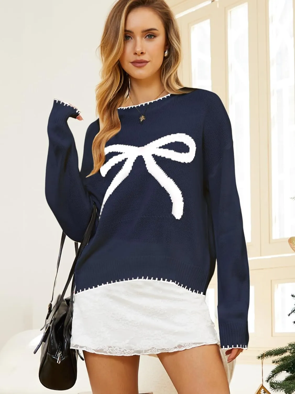 Milumia Women's Bow Print Drop Shoulder Long Sleeve Sweater Crew Neck Knit Fall Tops
