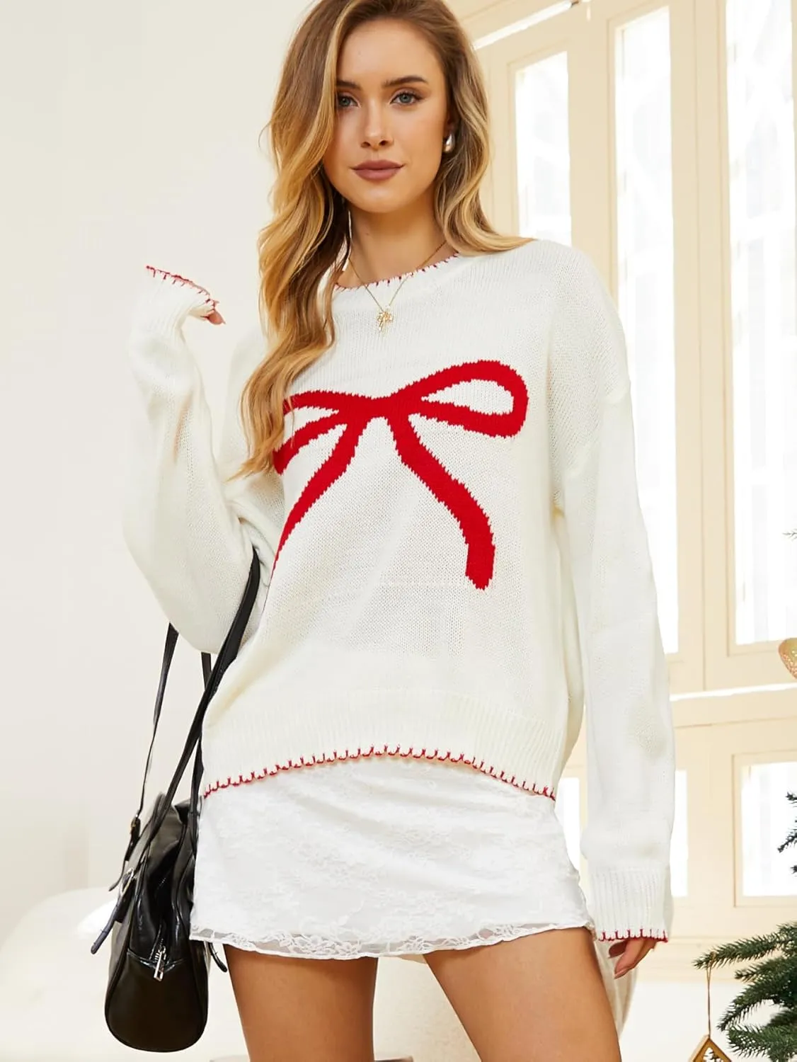 Milumia Women's Bow Print Drop Shoulder Long Sleeve Sweater Crew Neck Knit Fall Tops