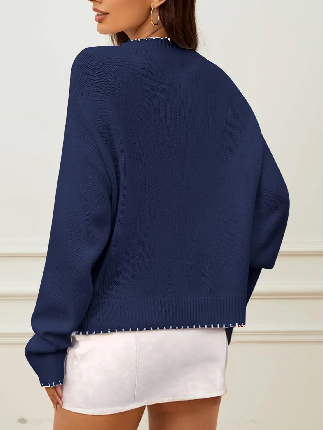 Milumia Women's Bow Print Drop Shoulder Long Sleeve Sweater Crew Neck Knit Fall Tops