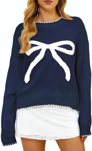 Milumia Women's Bow Print Drop Shoulder Long Sleeve Sweater Crew Neck Knit Fall Tops