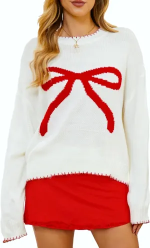 Milumia Women's Bow Print Drop Shoulder Long Sleeve Sweater Crew Neck Knit Fall Tops