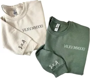 NAZENTI Personalized Matching Couple Sweatshirts, Roman Numerals Embroidered Sweatshirts, Custom Text On Sleeves, Design Your Own, Valentines Anniversary Christmas Day Gift for Boyfriend Girlfriend