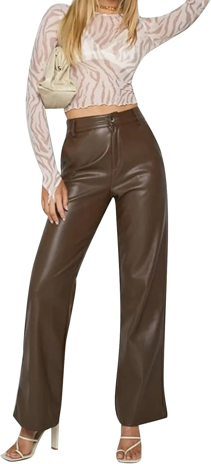 NUFIWI Women's Faux Leather Pants High Waist Straight Wide Leg PU Legging Casual Solid Color Trousers with Pockets