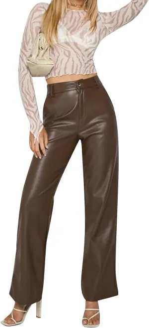 NUFIWI Women's Faux Leather Pants High Waist Straight Wide Leg PU Legging Casual Solid Color Trousers with Pockets