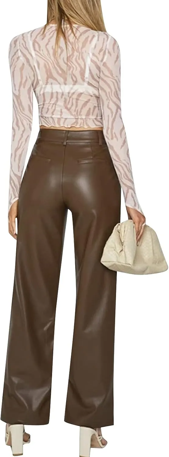 NUFIWI Women's Faux Leather Pants High Waist Straight Wide Leg PU Legging Casual Solid Color Trousers with Pockets