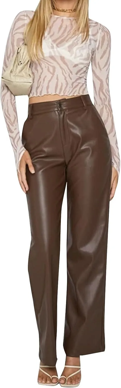 NUFIWI Women's Faux Leather Pants High Waist Straight Wide Leg PU Legging Casual Solid Color Trousers with Pockets