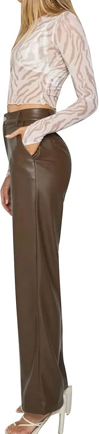 NUFIWI Women's Faux Leather Pants High Waist Straight Wide Leg PU Legging Casual Solid Color Trousers with Pockets