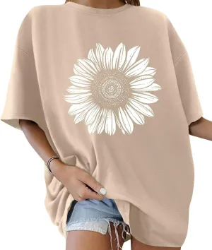 ORANDESIGNE Women’s Oversized Graphic Print Short Sleeve Tunic Tops Crew Neck Casual Drop Shoulder T Shirts