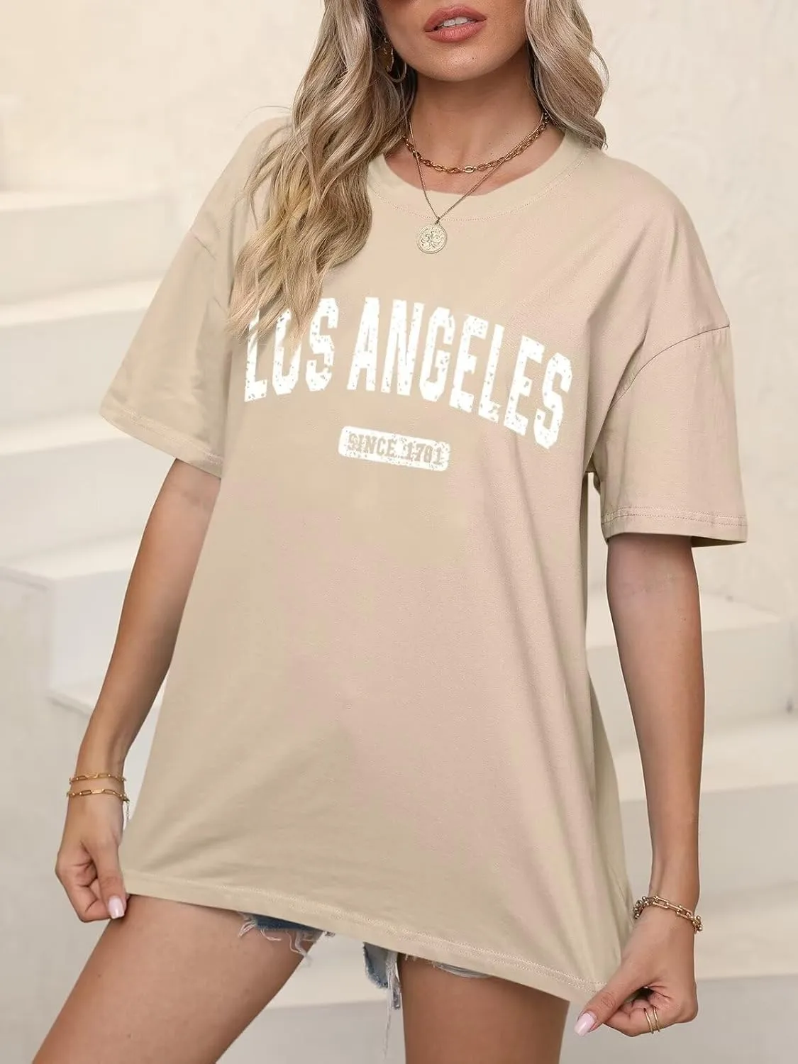 ORANDESIGNE Women’s Oversized Graphic Print Short Sleeve Tunic Tops Crew Neck Casual Drop Shoulder T Shirts