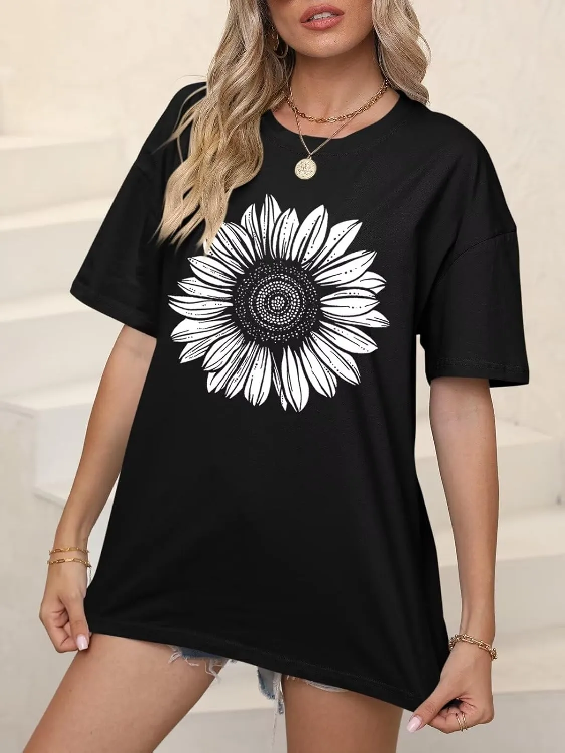 ORANDESIGNE Women’s Oversized Graphic Print Short Sleeve Tunic Tops Crew Neck Casual Drop Shoulder T Shirts