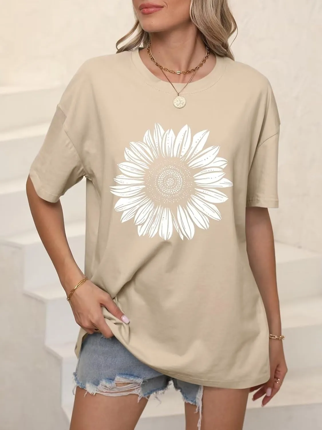 ORANDESIGNE Women’s Oversized Graphic Print Short Sleeve Tunic Tops Crew Neck Casual Drop Shoulder T Shirts