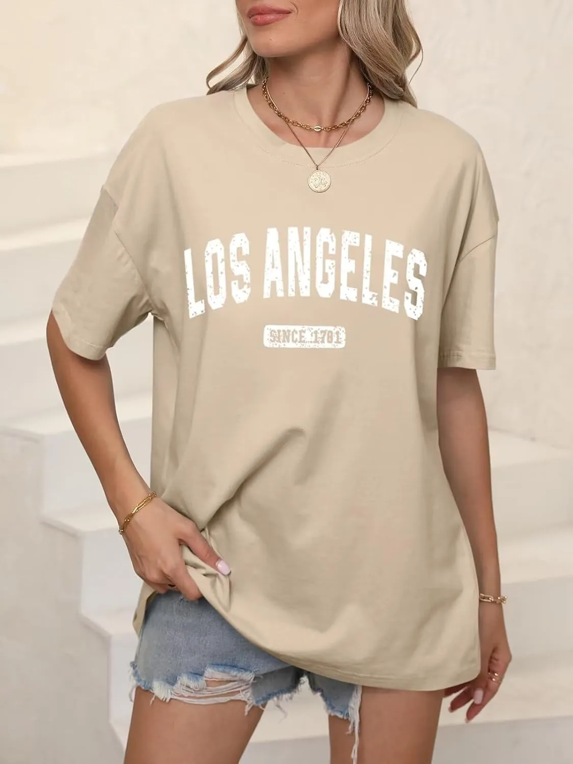 ORANDESIGNE Women’s Oversized Graphic Print Short Sleeve Tunic Tops Crew Neck Casual Drop Shoulder T Shirts