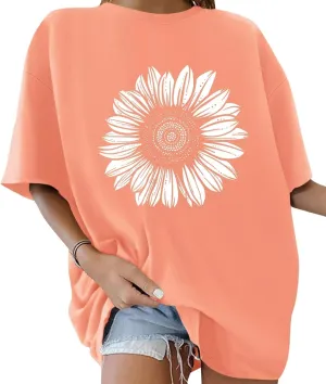 ORANDESIGNE Women’s Oversized Graphic Print Short Sleeve Tunic Tops Crew Neck Casual Drop Shoulder T Shirts