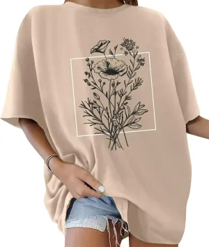 ORANDESIGNE Women’s Oversized Graphic Print Short Sleeve Tunic Tops Crew Neck Casual Drop Shoulder T Shirts