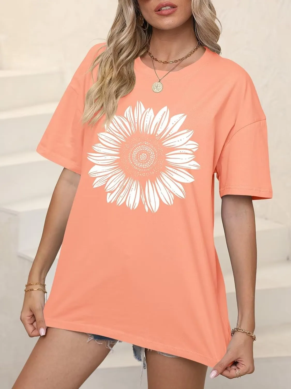 ORANDESIGNE Women’s Oversized Graphic Print Short Sleeve Tunic Tops Crew Neck Casual Drop Shoulder T Shirts