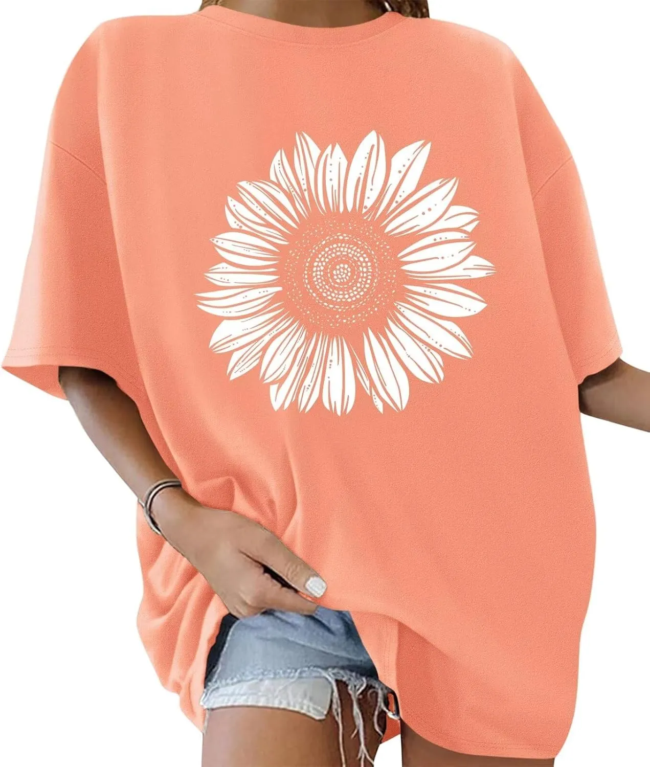 ORANDESIGNE Women’s Oversized Graphic Print Short Sleeve Tunic Tops Crew Neck Casual Drop Shoulder T Shirts