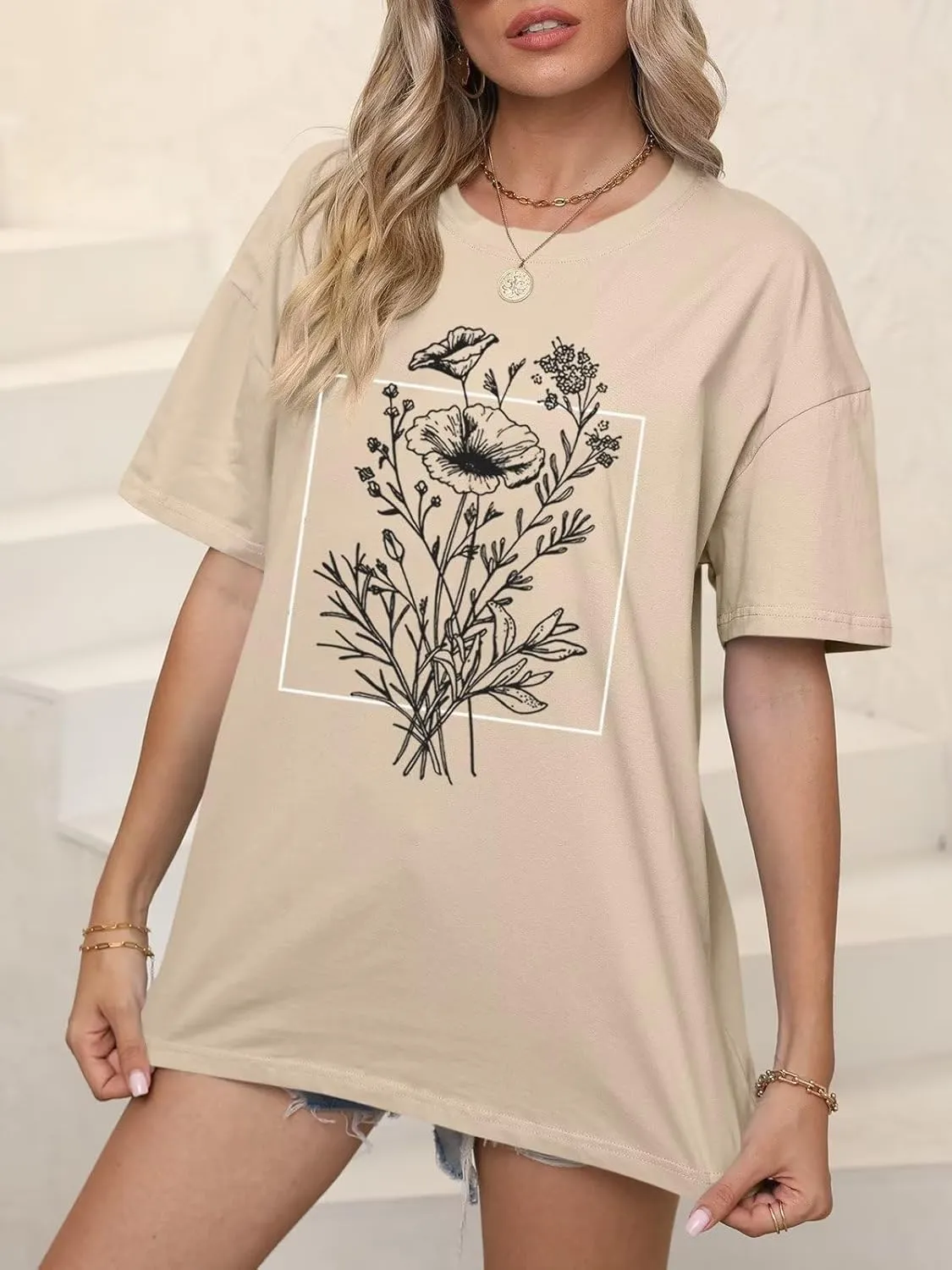 ORANDESIGNE Women’s Oversized Graphic Print Short Sleeve Tunic Tops Crew Neck Casual Drop Shoulder T Shirts