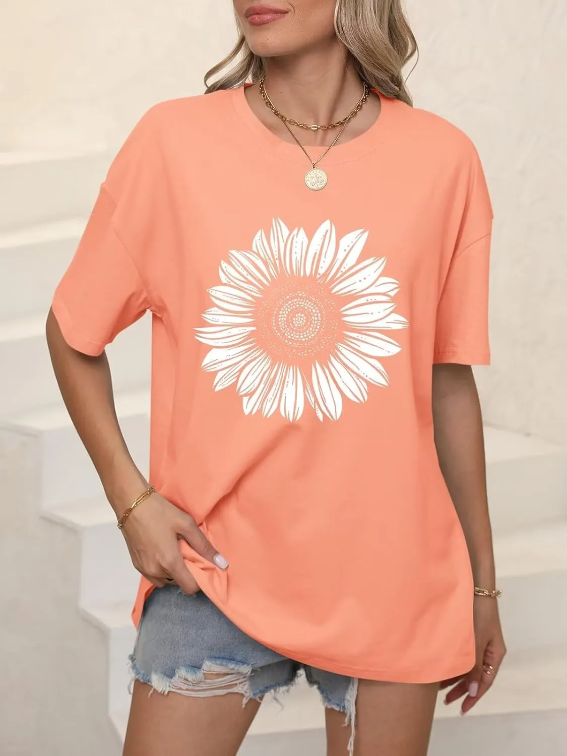 ORANDESIGNE Women’s Oversized Graphic Print Short Sleeve Tunic Tops Crew Neck Casual Drop Shoulder T Shirts