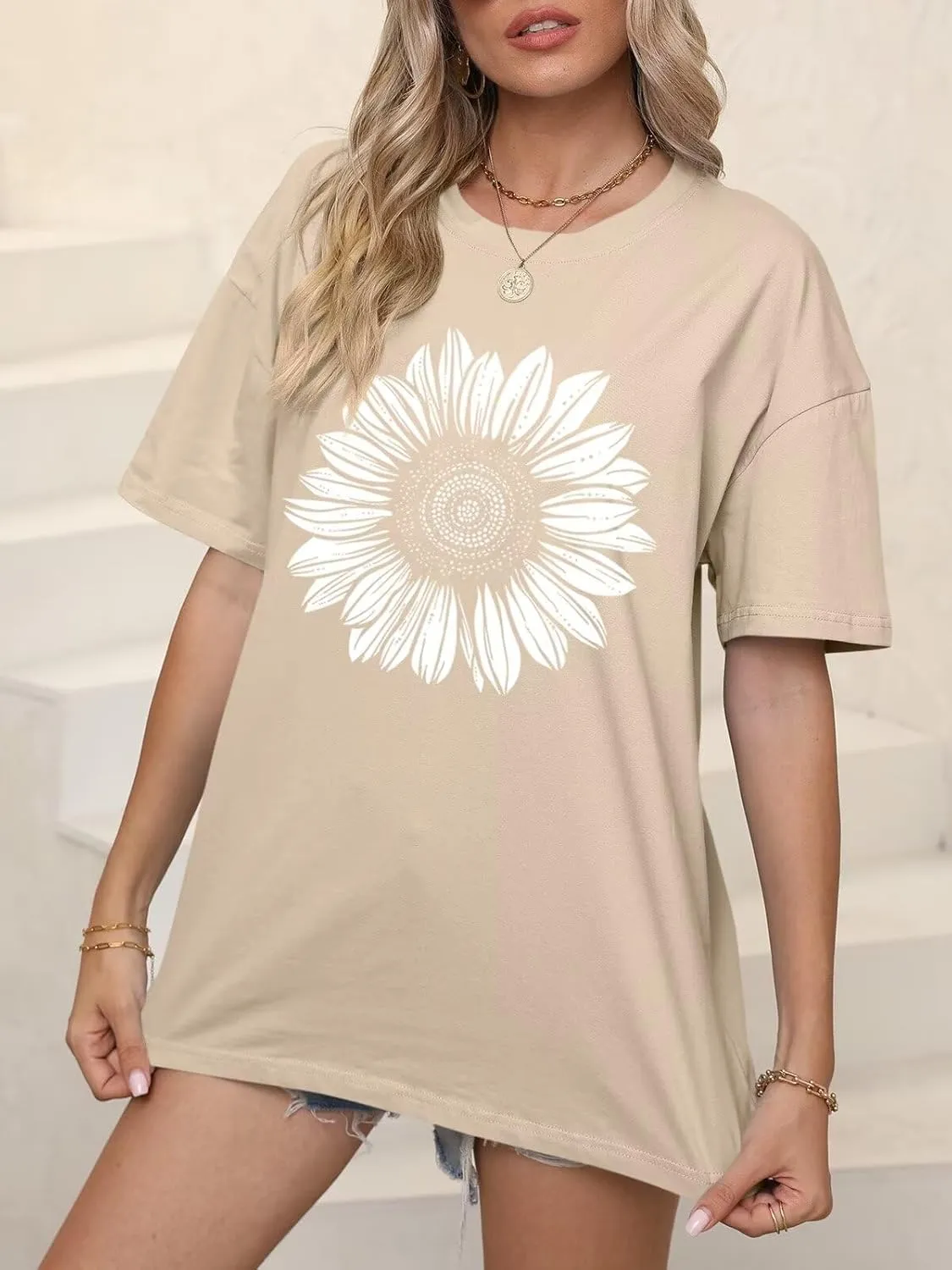 ORANDESIGNE Women’s Oversized Graphic Print Short Sleeve Tunic Tops Crew Neck Casual Drop Shoulder T Shirts