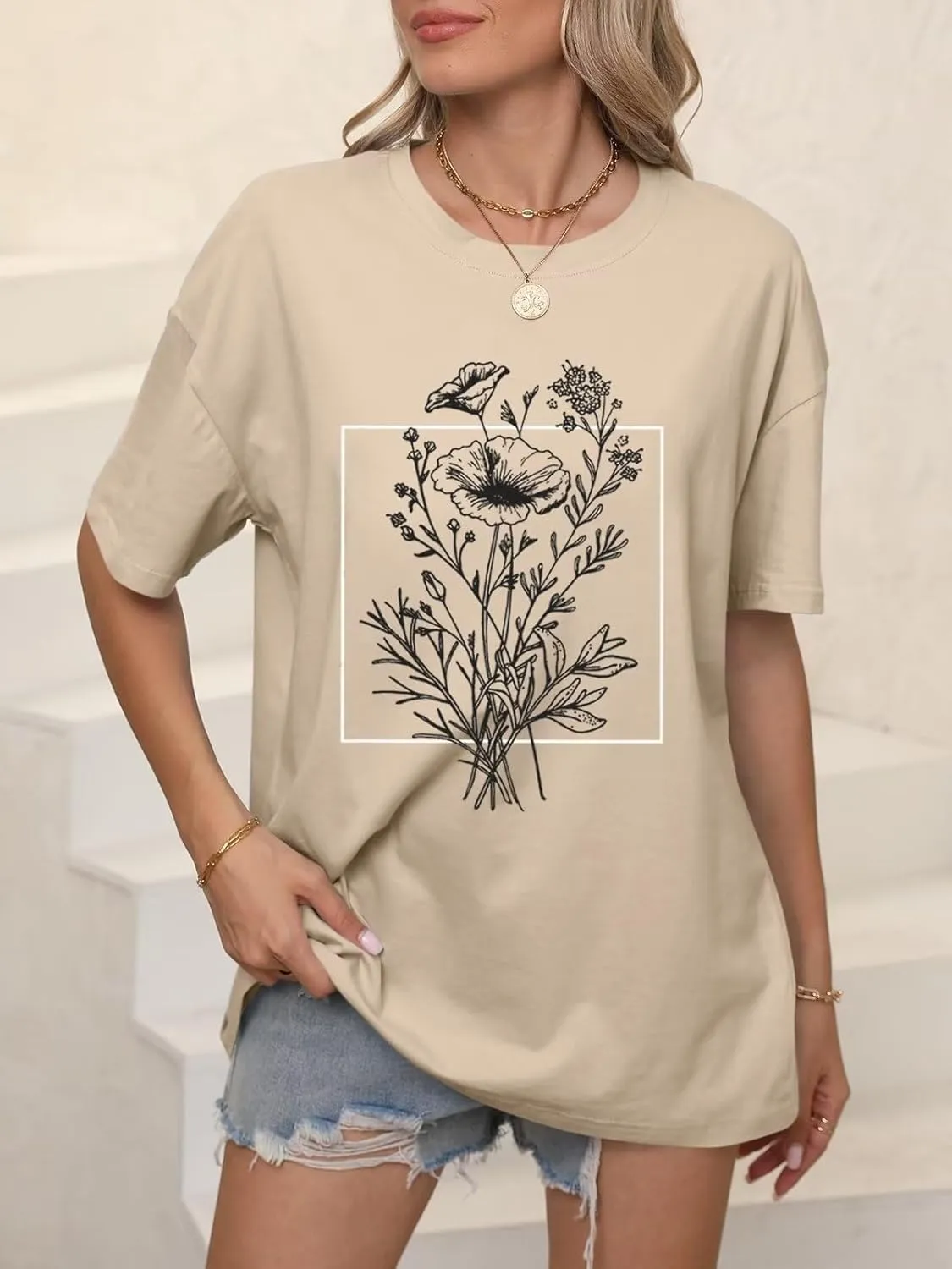 ORANDESIGNE Women’s Oversized Graphic Print Short Sleeve Tunic Tops Crew Neck Casual Drop Shoulder T Shirts