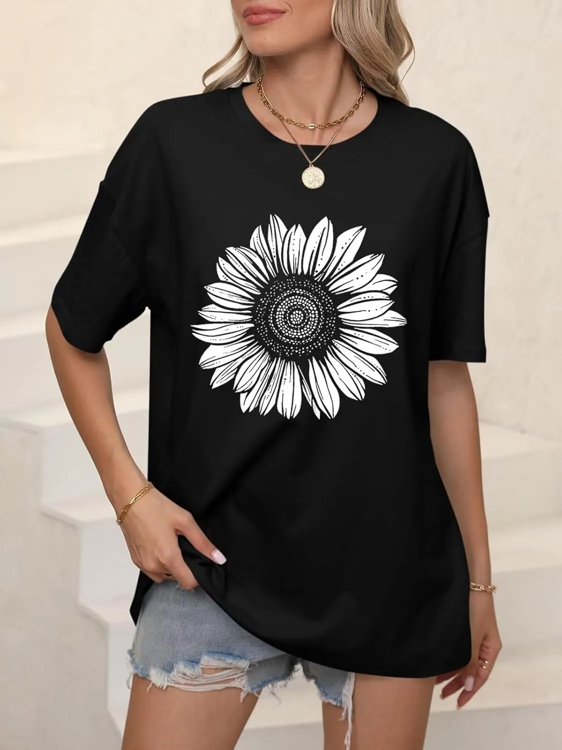 ORANDESIGNE Women’s Oversized Graphic Print Short Sleeve Tunic Tops Crew Neck Casual Drop Shoulder T Shirts