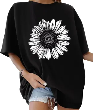 ORANDESIGNE Women’s Oversized Graphic Print Short Sleeve Tunic Tops Crew Neck Casual Drop Shoulder T Shirts