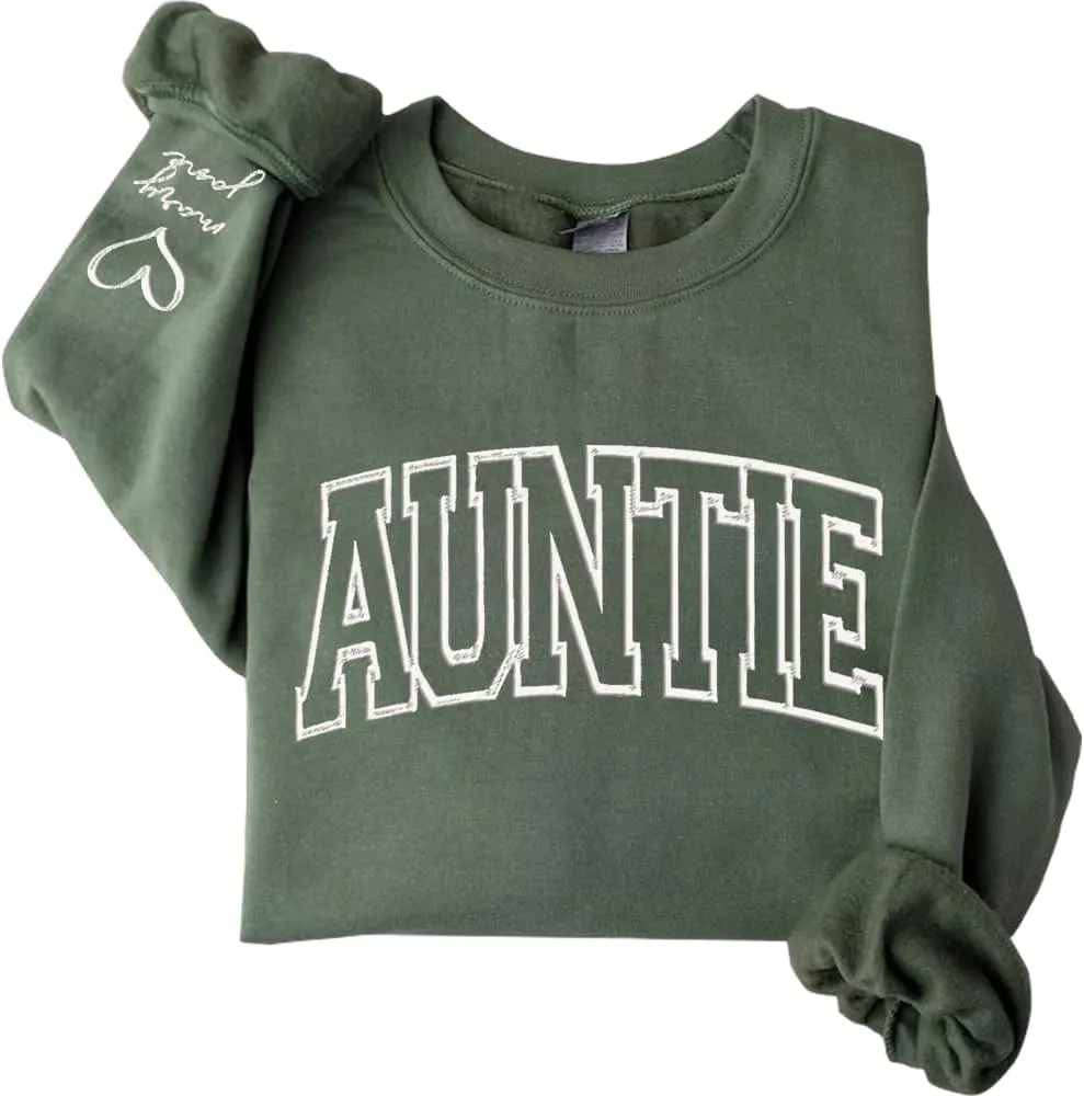 Pamaheart Personalized Embroidered Auntie Sweatshirt with Kids Names Sleeve, Custom Aunt Sweater