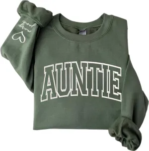 Pamaheart Personalized Embroidered Auntie Sweatshirt with Kids Names Sleeve, Custom Aunt Sweater