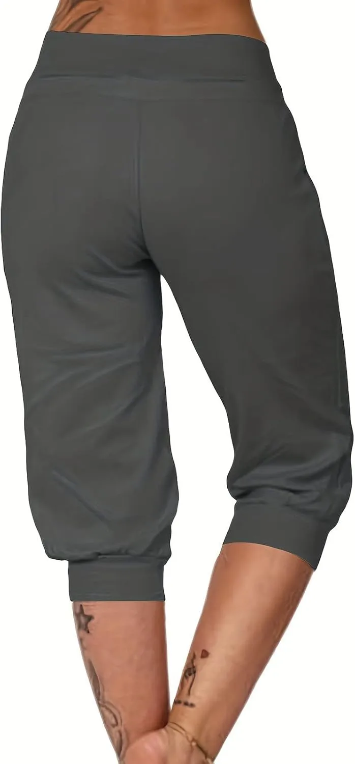 Plus Size Capris for Women Drawstring High Waisted Athletic Capri Joggers Cinch Bottom Yoga Sweatpants with Pockets