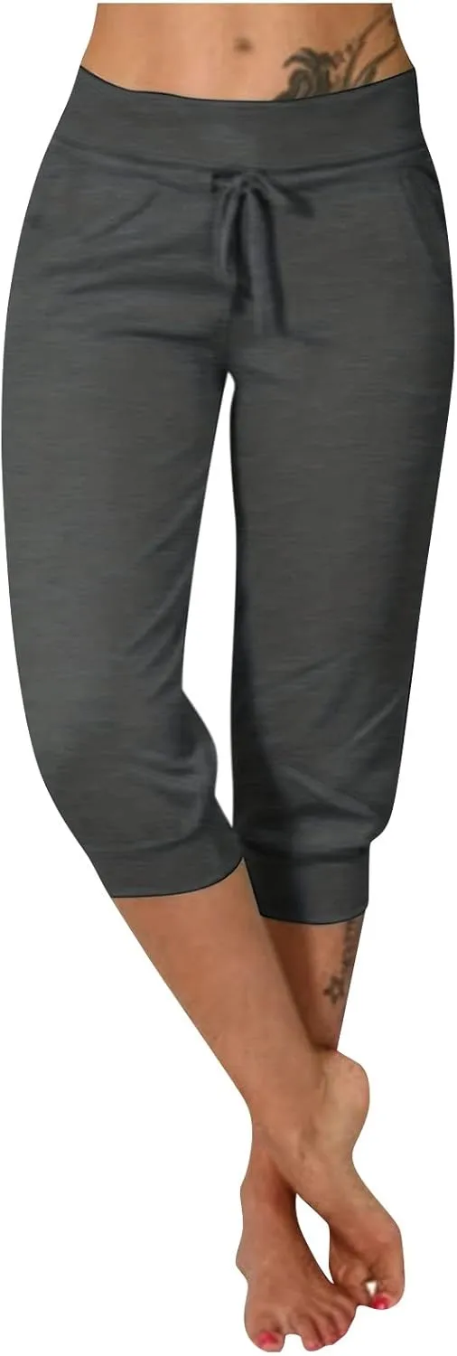 Plus Size Capris for Women Drawstring High Waisted Athletic Capri Joggers Cinch Bottom Yoga Sweatpants with Pockets