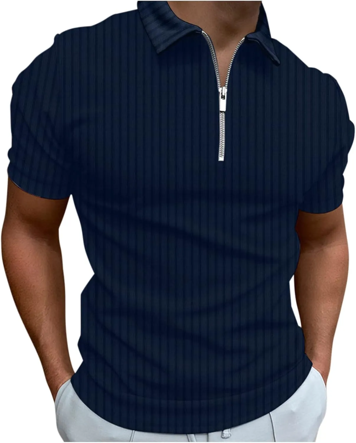 Polo Tshirts for Men Short Sleeve Lapel Collared Cable Knitted Shirts Casual Quarter Zipper Slim Fit Tees Golf Shirts