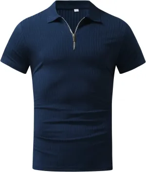 Polo Tshirts for Men Short Sleeve Lapel Collared Cable Knitted Shirts Casual Quarter Zipper Slim Fit Tees Golf Shirts