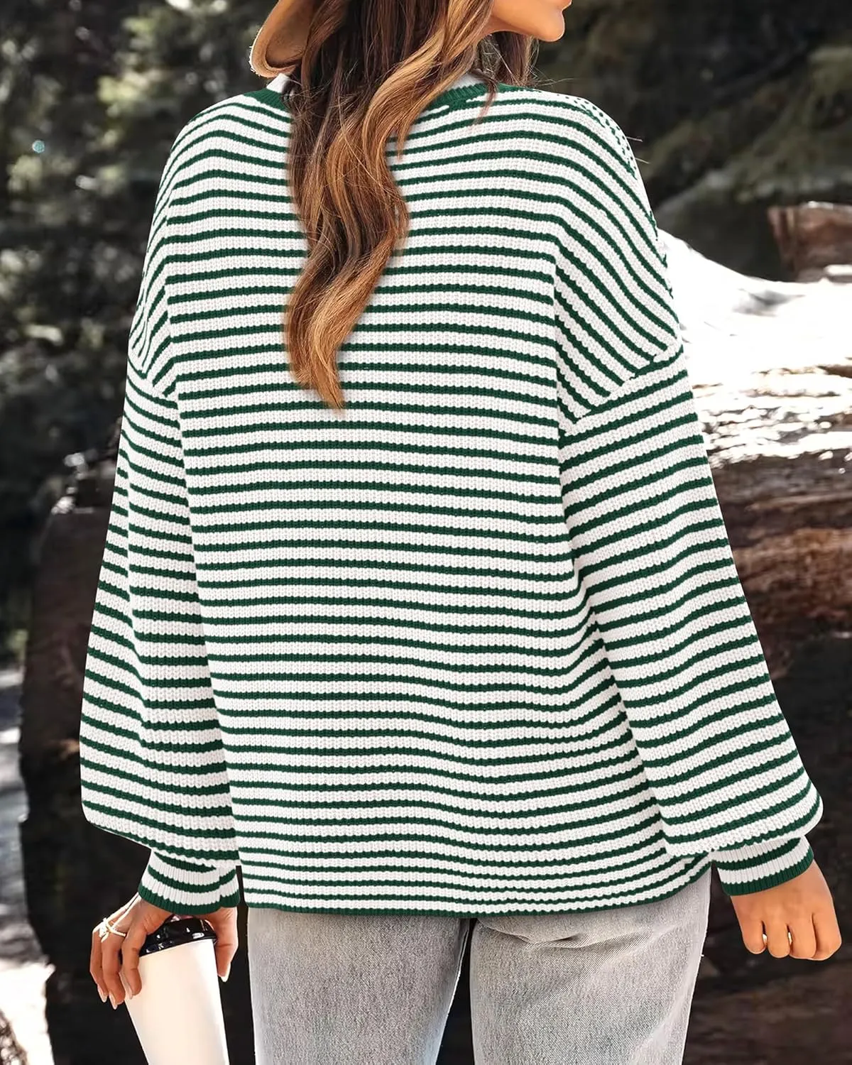 PRETTYGARDEN Women's Sweaters 2025 Puffy Long Sleeve Crewneck Soft Loose Pullover Tops Chunky Knitted Striped Sweater