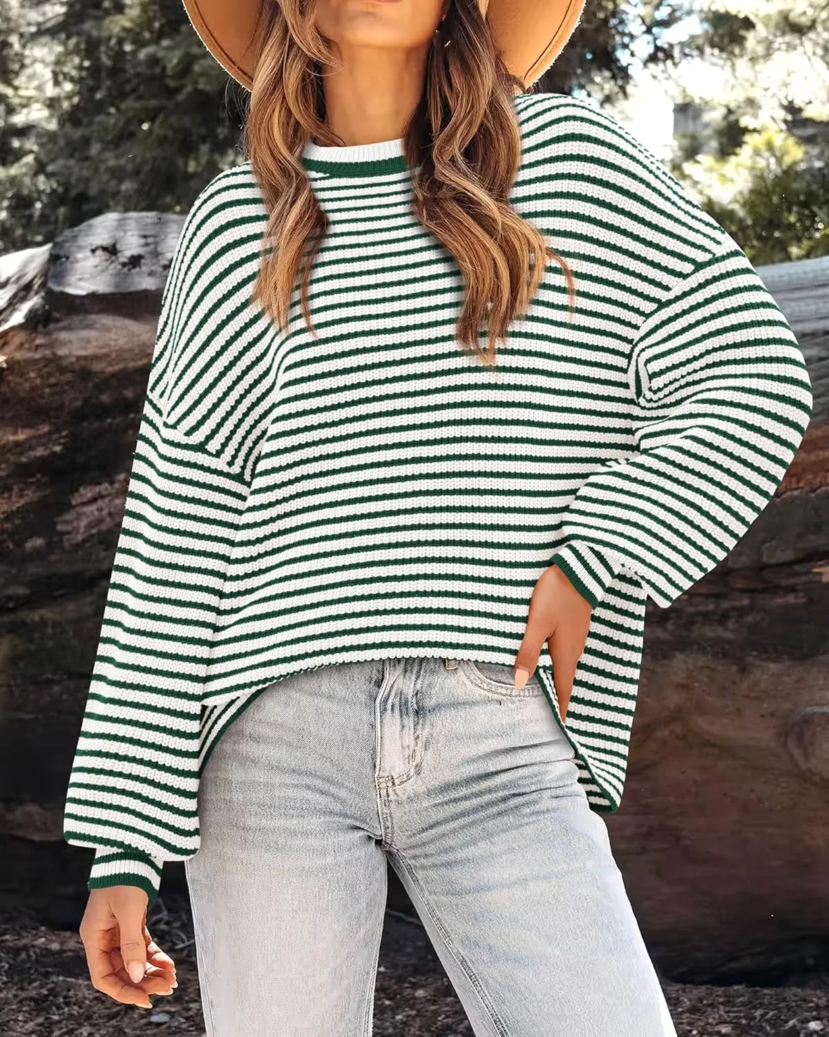 PRETTYGARDEN Women's Sweaters 2025 Puffy Long Sleeve Crewneck Soft Loose Pullover Tops Chunky Knitted Striped Sweater