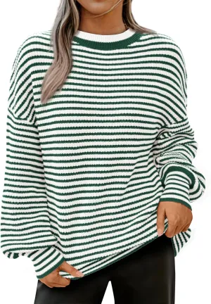 PRETTYGARDEN Women's Sweaters 2025 Puffy Long Sleeve Crewneck Soft Loose Pullover Tops Chunky Knitted Striped Sweater