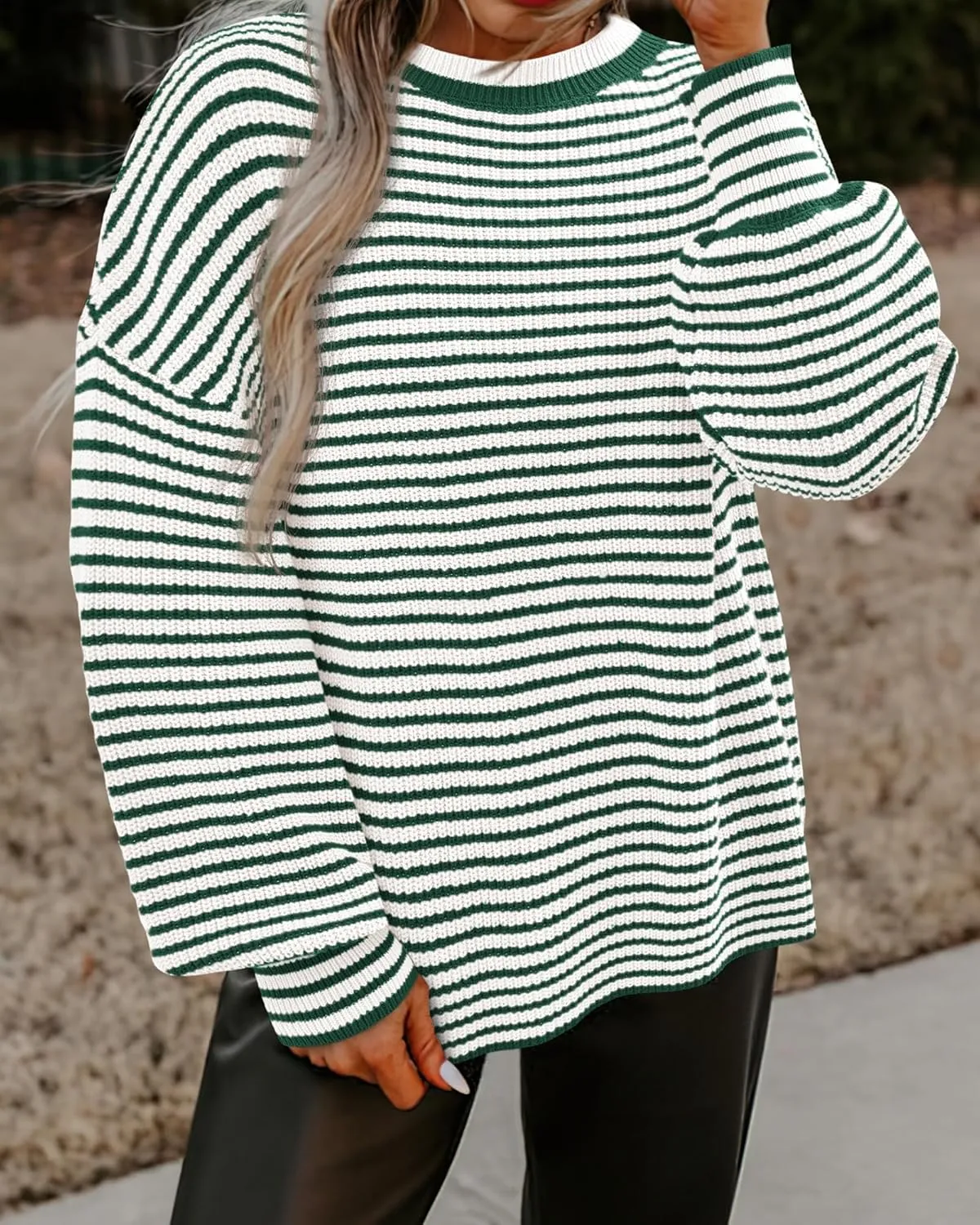 PRETTYGARDEN Women's Sweaters 2025 Puffy Long Sleeve Crewneck Soft Loose Pullover Tops Chunky Knitted Striped Sweater