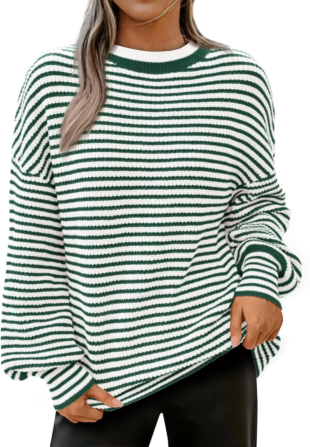PRETTYGARDEN Women's Sweaters 2025 Puffy Long Sleeve Crewneck Soft Loose Pullover Tops Chunky Knitted Striped Sweater